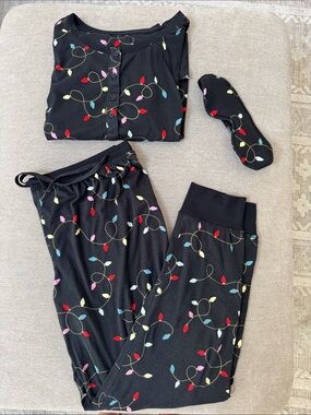 kate spade Black Holiday Light Pajama Set with Eye Mask